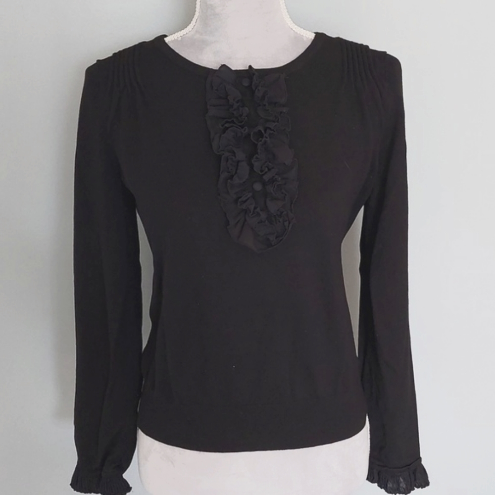 3/$30 NY Collection black knit top with ruffles and button. Size L